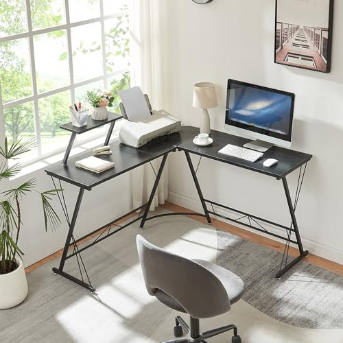 [en.casa] Scrivania Angolare con Ripiano Rialzato Tavolo a L per Computer con Supporto Monitor Postazione Lavoro PC Gaming 122 x 122 x 98 cm - Nero