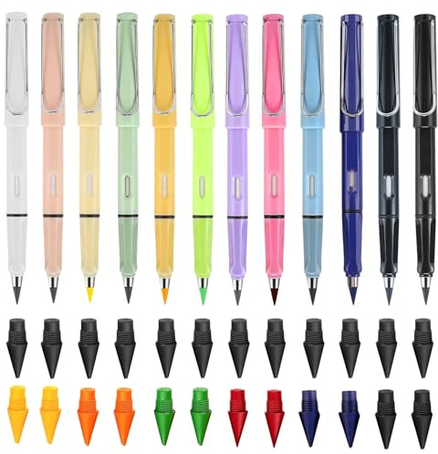 AIUNBEST 12 Stück Ewiger Bleistifte, Bleistift ohne Anspitzen mit Wechselköpfen Unendlicher Bleistift mit Radiergummi Langlebiges Schreibgerät für Kinder und Studenten