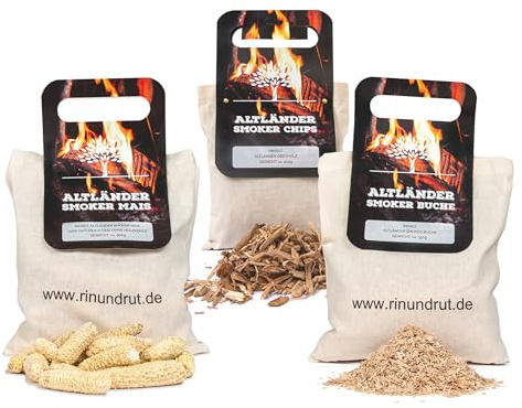 Rin & Rut Räucherchips Starter Set – Apfelholz, Buchenmehl & Grillmais | Bio Grillanzünder, Räucherchips & Räuchermehl für Smoker & Holzkohlegrill