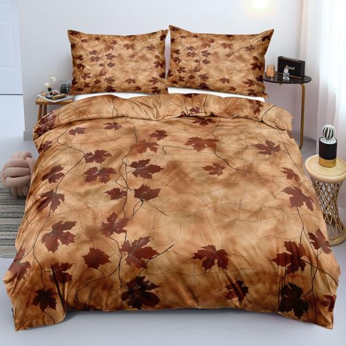 XFDFGW Bettbezug 135 x 200 mit Roten Blättern und Herbstmotiv, Ahornblätter Druck, Bettwäsche Set, Wendbar, Braun für Mädchen und Frauen, Schlafzimmer Dekoration