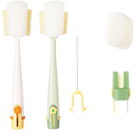 Qaestuan 2 Stück 5 In 1 Flaschenbürste Multifunktionale Reinigungsbürste | Flaschenreiniger mit Spaltreinigungsbürste Flaschenbürsten Lang mit Griff für Babyflaschen Glas Thermosbecher