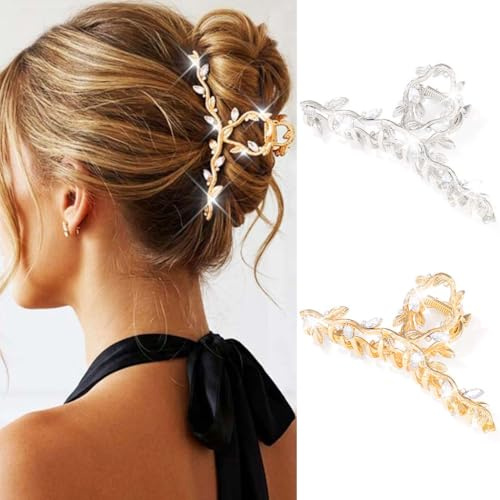 Reaky Fermagli per capelli in metallo dorato con strass, per foglie spesse, accessori per capelli da donna
