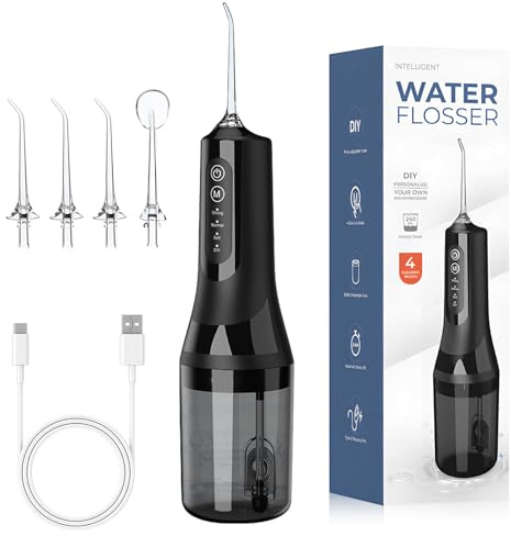 Anluomania Munddusche Kabellos, Elektrische Zahnreiniger IPX7 Wasserdicht, Zahndusche 4 Modi 4 Düsen, Water Flosser for Teeth Mit 260ML Wassertank, USB-C Laden, Mundduschen für Zähne und Zahnpflege