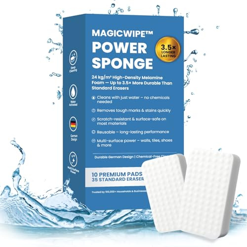 MagicWipe® Power Sponge – Magic Sponge Eraser (10 Pack) with High Density Melamine Foam for Heavy Duty, Multi-Surface Cleaning, Kitchen, Bathroom, Walls, Floors, Scuffs - No Chemicals