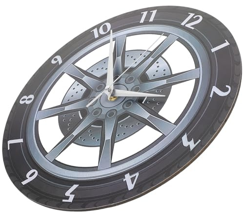 JEWEDECO Moderne 3D Rad Wanduhr aus Acryl Geräuschlos Schwarze Reifen Uhr für Wohnzimmer Büro und Kinderzimmer Industrielle Autodeko