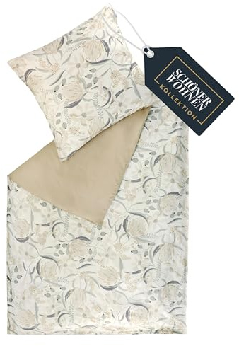 SCHÖNER WOHNEN Playful Bettwäsche 135x200 Baumwolle Beige - Frühlingsbettwäsche Blumen Design - ÖKO-TEX Bettwäsche-Sets 2teilig aus 1x Bettwäschebezug 135x200cm & 1x Kopfkissenbezug 80x80cm
