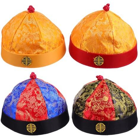 Toyvian Lot de 4 Chapeaux Qing pour Hommes Anciens avec Tresses, Taille 9 Adulte Grand Tour de Tête, Bonnets Cosplay Traditionnels pour Vêtements de Performance et Spectacles Historiques