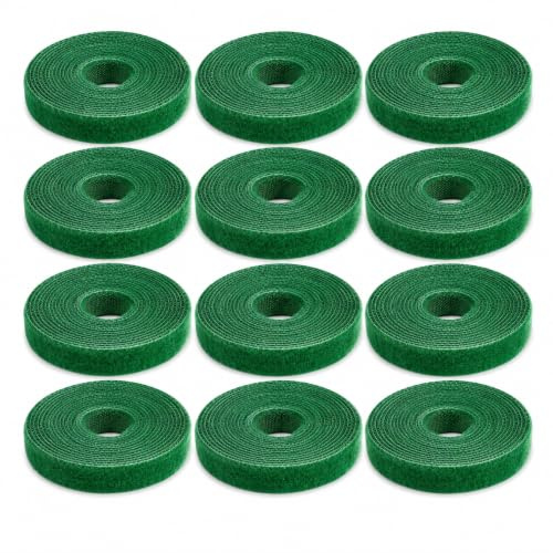 12 Rolls Reusable Plant Ties, Soft Hook and Loop Garden Tie Tape for Climbing Plants, Adjustable Support Strips for Tomatoes, Shrubs and Green Cable Management (100cm/Roll)