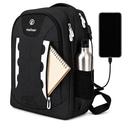 HELLSER Laptop Rucksack Herren Damen 25L mit USB-Ladeanschluss, Wasserabweisend, Laptopfach bis 16 Zoll, Reiserucksack Handgepäck, Reflektoren, Ergonomisch – Business & Schulrucksack NOVA Schwarz