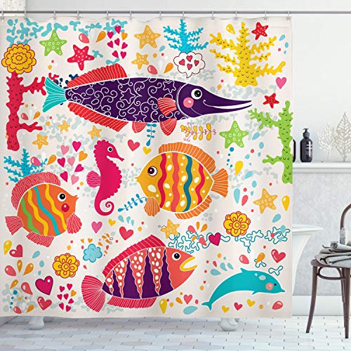 ABAKUHAUS Kids Duschvorhang, Cartoon Unterwasser Fisch, mit 12 Ringe Set Stielvoll Modern, 175x200 cm, Orange Mehrfarbig