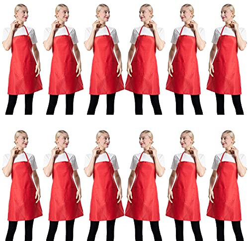 CWFUN Bib Aprons Bulk for Women Men Unisex Waterproof apron for Cooking Baking Kitchen Restaurant Crafting Painting Apron- Bulk Aprons for Girls Waiter Waitress Apron,12 Packs-Multicolours (1, Red)