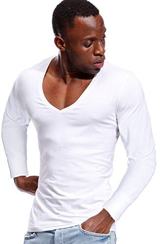 Deep V Neck Shirt Men Long Sleeve Stretch T-Shirt Low Cut Undershirt Tee White M