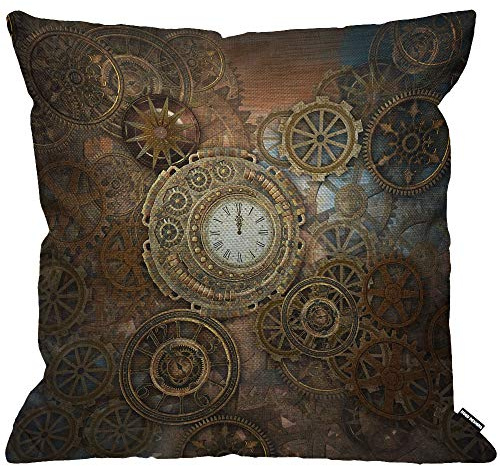 HGOD DESIGNS Steampunk-Kissenbezug, rostiger Steampunk mit Uhr und verschiedenen Zahnrädern, Metallmaschine, Gold-Bronze, Wurfkissenbezug für Wohnzimmer, Schlafzimmer, Sofa, Stuhl, 45 x 45 cm