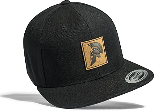 Gym Cap Flexfit Snapback : Sparta Helm (Leder-Patch) - Spartan Kappe Herren & Damen (Schwarz)