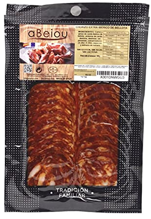Iberico Chorizo Bellota Spanische Wurst Schinkenscheiben 100 g (1 Päckchen) — +16 Wochen Gereift — Hycer Zertifiziert — Guijuelo — Vakuum verpackt — aBeiou