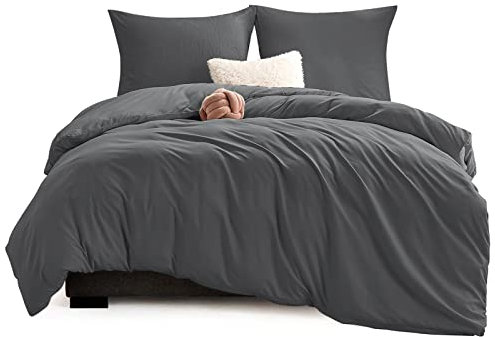 WAVVE Bettwäsche 220x240 3 teilig Anthrazit - Bettbezug 220 x 240 Set mit Kissenbezüge 80x80 cm, Bettwäsche-Sets 240x220 aus Mikrofaser mit Reißverschluss Weich und Bügelfrei, Grau