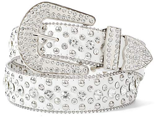 LEACOOLKEY Strass Gürtel für Damen Männer für Jeans,Western Cowgirl Nieten Punk PU Ledergürtel,Damen Strass Gürtel(XL:Passgröße 112cm-122cm = 135cm Gesamtlänge,B-Weiß)