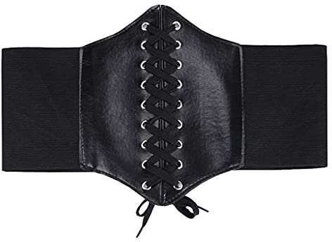 Aabellay Damen Schnürkorsett Elastisches Breites Band Leder Taille Gürtel Bandage Elastizität Gurt Kostüm Kleid Taillengürtel Gebundener Waspie Taille Gürtel Hüftgurt – Schwarz