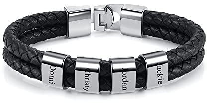 PiercingJak Herren Armband mit Gravur 4 Namen Männer Lederarmband geflochten Schwarz Echtleder Wickel Edelstahl Namensperlen ID Armreif Charm Schmuck Personalisierte Geschenke für Mann