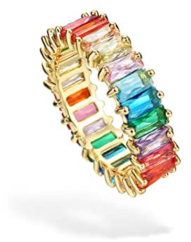 Michooyel Anello Eternity Arcobaleno Anello a fascia per Donna Ragazza Anello Eternity Placcato in Oro 18K Baguette Multicolor con Zirconi Cubici