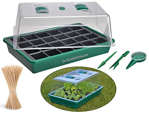 Novatool 3X Anzuchtset Gewächshaus mit 200x Splittstab Bambusstab Saathelfer I Kräuter Anzuchtset Gewächshaus Treibhaus klein I Zimmergewächshaus XXL Balkongewächshaus I Tomaten Gewächshaus