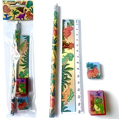 Carpeta Schreibset * DINOSAURIER * in Geschenkverpackung | 4-teilig mit Bleistift, Lineal, Anspitzer und Radierer| für Schule und Kindergarten | Dino Mitgebsel Kinder Kindergeburtstag