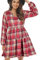 FANCYINN Damen Karo Kleid mit Bell Langarm Mini Rüschen Swing Kleid mit Taschen Rot Apricot L