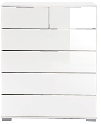 Lomadox Schlafzimmer Schubkastenkommode in weiß mit weißem Glas, B/H/T ca. 82/102/42 cm