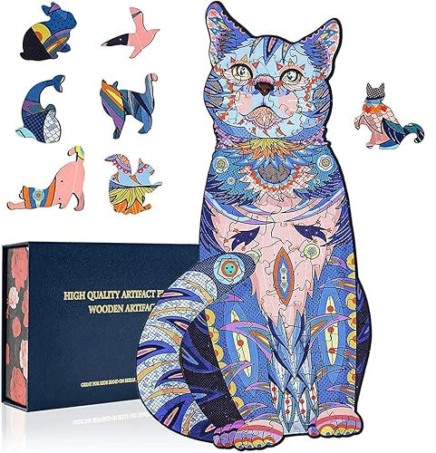 CSVICTORY Wooden Jigsaw Puzzles for Adults & Kids Family Game, Wooden Puzzles with Animal Shaped Pieces,Blue Cat Wood Puzzles Adult Best Gift for Brithday,Chirsmas,Valentine's Day, Easter (S(100PCS))