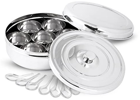 KSJONE 18.3cm Premium Spice Tin Masala or Dry Fruit Storage Box | 7 Spice Jars with Lids | Holds 7 Spices | Polished Stainless Steel with 7 Serving Spoons & Double Lids | Spice Box