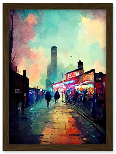 Doppelganger33 LTD Brick Lane London 1960's Night Street Scene Oil Painting Artwork Framed Wall Art Print A4