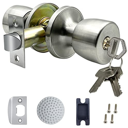 DSJJBLL Bouton de porte en nickel satiné avec serrure et clé ronde à boule pour chambre à coucher ou salle de bain (lot de 1)