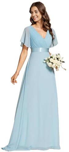 Ever-Pretty Robe De Soirée Style Long Manches Volantées Col en V Jupe Trapèze Robe Femme Chic Et Elegant Bleu Ciel 44