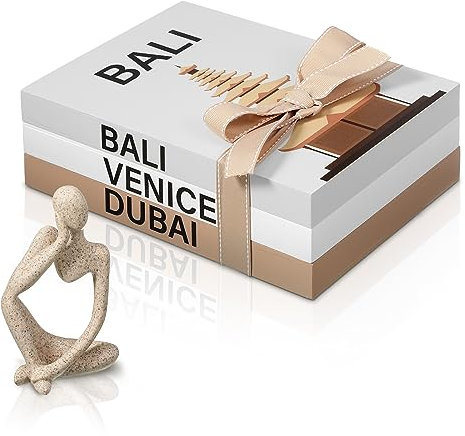 4 Stück dekorative Bücher für Heimdekoration mit Harzstatue Denker Dekoration Holz Bauernhaus gestapelte Bücher Moderne dekorative Buchstapel für Couchtische Regal Dekor (Bali, Venedig, Dubai)