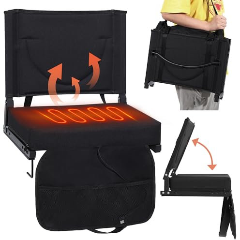 KROFEM Heated Stadium Seat with Cushion and Backrest, Portable Bleacher Chair with Shoulder Strap, Folds to Compact Size, Extra Wide, 1pc Black