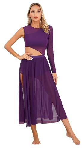 Agoky Damen Latein Tanzkleider Mesh Spleiß Ballettanzug Cut-Outs Ballett Trikot mit Langem Ballettrock Seitenschlitz Modern Walzer Kleider Violett S