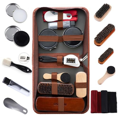 FGXY Shoe Care Set, 11PCS Shoe Shine Brush Kit with PU Leather Luxury Sleek Case, Shoe Polish, Soft Horsehair Brushes, Wooden Applicator Brushes, Edge Shoe Brush, Multipurpose Wire Brush (11PCS)