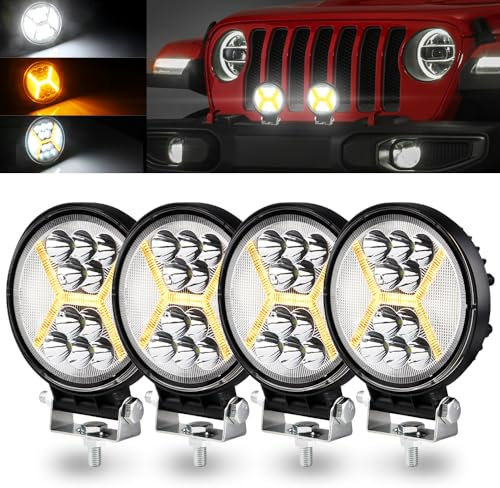 KaiDengZhe Lampe de Travail LED Hors Route 72W avec DRL Antibrouillard D'alarme Stroboscopique Ambre 4,5 Off Road Spot Flood Combo Lumière Conduite Phare 12-36V LED pour Moto Bateau Camion-4PCS