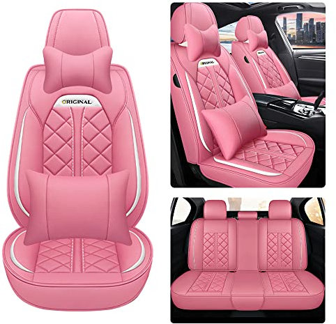Awotzon Autositzbezug Für BMW X1 X2 X3 X4 X5 X5M X6 5 Sitze Autositzbezüge Komplettset Allwetter Auto Sitzauflage Kunstledersitzbezug Mit Kopfstütze und Lendenkissen（Rosa）