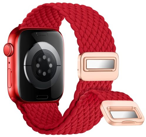 Nepfaivy Geflochtenes Armband Kompatibel mit Apple Watch Armband 45mm 44mm 46mm 49mm 42mm, Nylon Elastisches Band mit Magnetischer Schnalle für iWatch Series 10/9/8/SE/7/6/5/4/3/2/1/Ultra, Rot