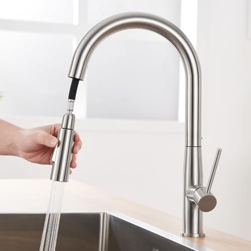 Auralum Wasserhahn Küche, Küchenarmatur Ausziehbar Hochdruck Armatur Küche Mischbatterie mit Hoher Auslauf, Edelstahl Spültischarmatur mit Brause Ausziehbar