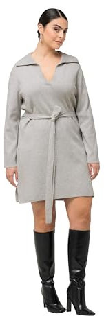 Ulla Popken Damen große Größen Übergrößen Plus Size Strickkleid, Gürtel, Hemdkragen, V-Ausschnitt, Langarm metallgrau 58+ 824517160-58+