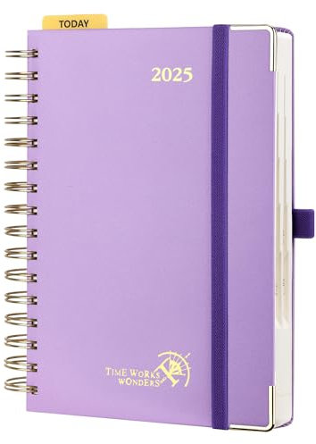 POPRUN Kalender 2025 Tagesplaner Ringbuch mit Hardcover 21,5 x 14,5 cm, Tageskalender A5 1 Tag 1 Seite (Montag - Sonntag), Terminplaner (Jan.2025-Dez.2025) mit Plastiklineal - Violett