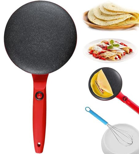 RVUEM Crepera InstantáNea, Crepera De Mano con Control AutomáTico De Temperatura, Recubrimiento Antiadherente, con Bol para Masa Y Batidor De Huevos, para Crepes, Panqueques, Tortillas