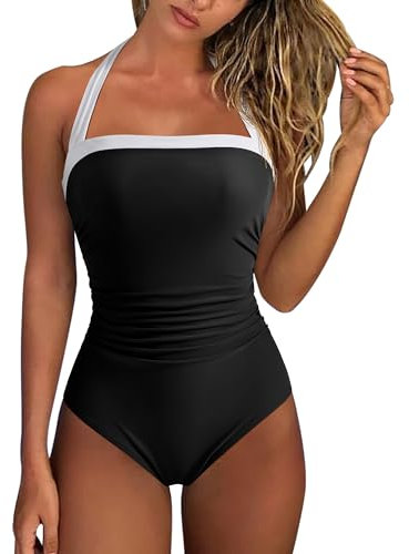 RXRXCOCO Womens Tummy Control Swimwear Halter Neck One-Piece Swimsuits Padded Swimming Costume Black White