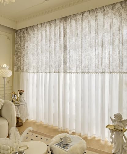 Daesar Vorhänge Lichtdurchlässig 2er Set, Gardinen Halbtransparent Ösen Französisch Spitze mit Khaki Blumen Muster 132x214CM Weiß Vorhänge Schlafzimmer Wohnzimmer Küche