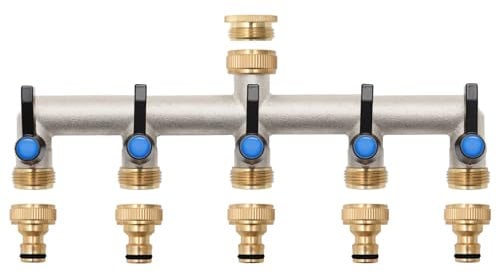 wasserverteiler 5 wege, Messing Wasseranschluss verteiler, Verlängerter Griff 3/4 Zoll Adapter mit 5 Stück 3/4 Zoll auf 1/2 Zoll Hahnanschluss für Haus, Hof/Waschmaschine