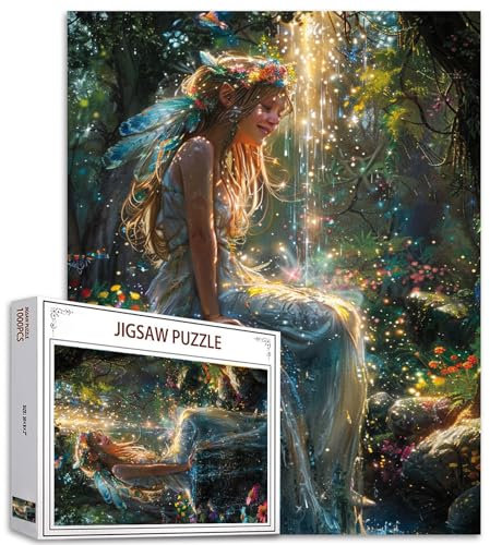 Tucocoo 1000 Piece Jigsaw Puzzles for Adults Angels in Forest Garden Painting Jigsaw Puzzle Magical Glistening Fairy 1000 Pieces Puzzles Game Smile Girl Landscape Art Wall Decor DIY Craft Puzzle Gift