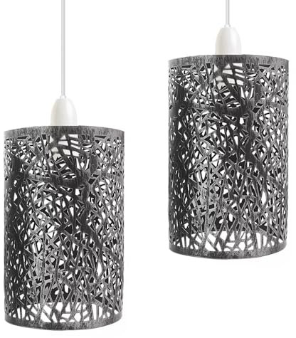 2 Pack of Industrial Style Brushed Silver Metal Cage Lampshade – Easy Fit Wire Cage Light Shade for Indoor Pendant Lights for Dining Room, Bedroom, Loft, and Hallway (Brushed Silver 2 Pack)