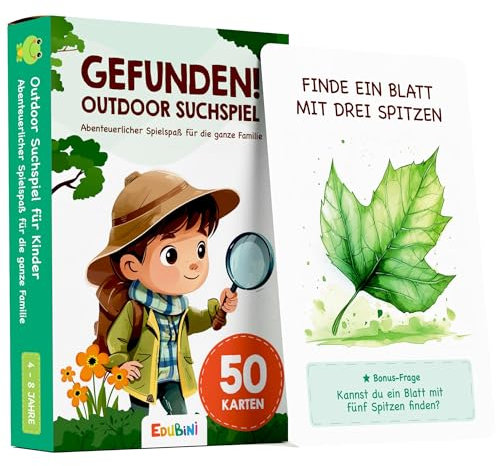 Edubini GEFUNDEN! Outdoor Suchspiel für Kinder ab 4 Jahren - [50 Karten] - Outdoor Spiele für Draußen, Schatzsuche, Garten, Spaziergänge & Wald - Reisespiele Geschenk für Jungen & Mädchen
